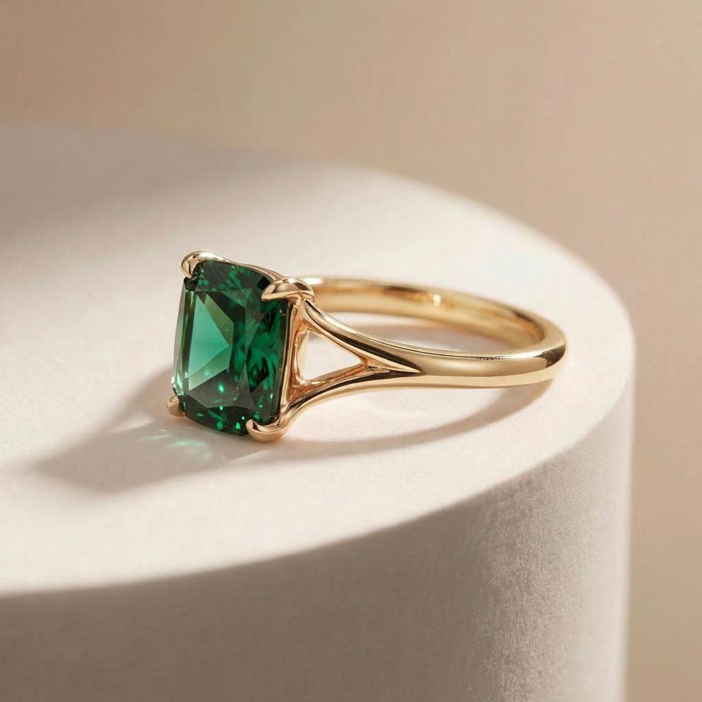 Cushion Cut Emerald Engagement Ring, Modern Split Shank Solitaire, Vintage Inspired  Statement Ring Gift for Wife – May Birthstone Jewelry