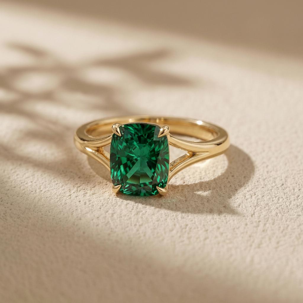 Cushion Cut Emerald Engagement Ring, Modern Split Shank Solitaire, Vintage Inspired  Statement Ring Gift for Wife – May Birthstone Jewelry
