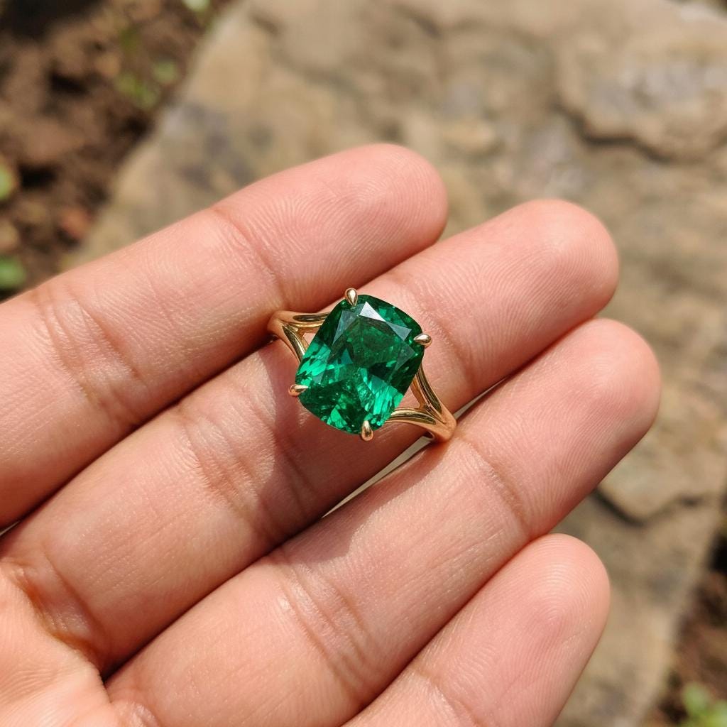 Cushion Cut Emerald Engagement Ring, Modern Split Shank Solitaire, Vintage Inspired  Statement Ring Gift for Wife – May Birthstone Jewelry