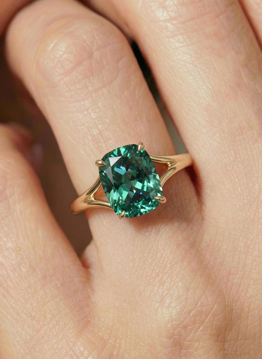 Cushion Cut Alexandrite Engagement Ring, Modern Split Shank Solitaire, Vintage Inspired Anniversary Gift for Her – June Birthstone Jewelry