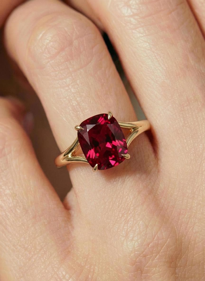 Cushion Cut Ruby Engagement Ring, Modern Split Shank Solitaire, Vintage Inspired Anniversary Gift for Her – July Birthstone Jewelry
