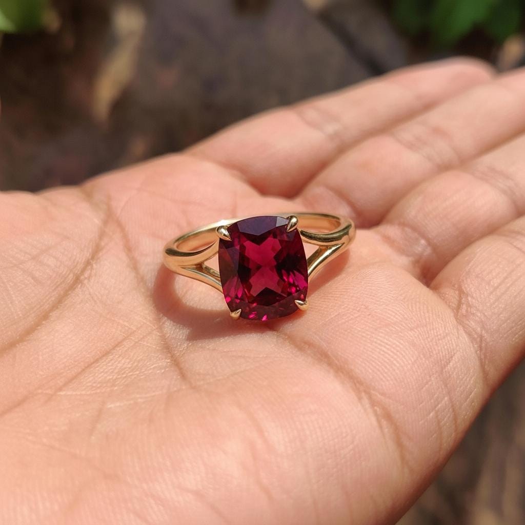 Cushion Cut Ruby Engagement Ring, Modern Split Shank Solitaire, Vintage Inspired Anniversary Gift for Her – July Birthstone Jewelry