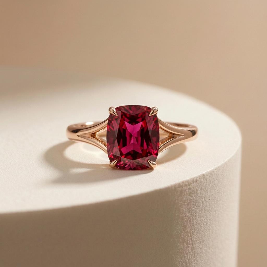 Cushion Cut Ruby Engagement Ring, Modern Split Shank Solitaire, Vintage Inspired Anniversary Gift for Her – July Birthstone Jewelry
