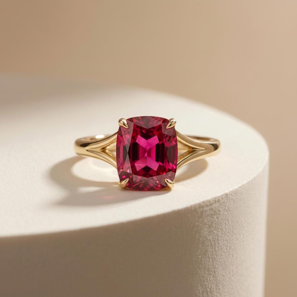 Cushion Cut Ruby Engagement Ring, Modern Split Shank Solitaire, Vintage Inspired Anniversary Gift for Her – July Birthstone Jewelry