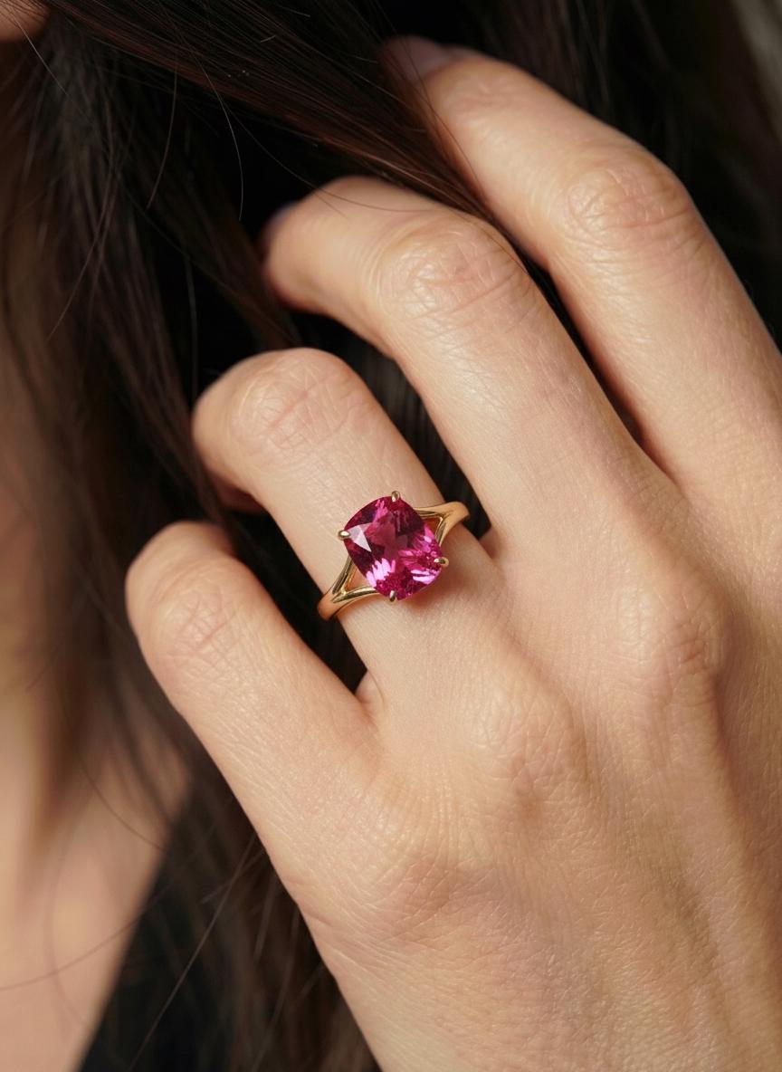 Cushion Cut Pink Tourmaline Engagement Ring, Modern Split Shank Solitaire, Vintage Inspired Anniversary Gift for Her – October Birthstone