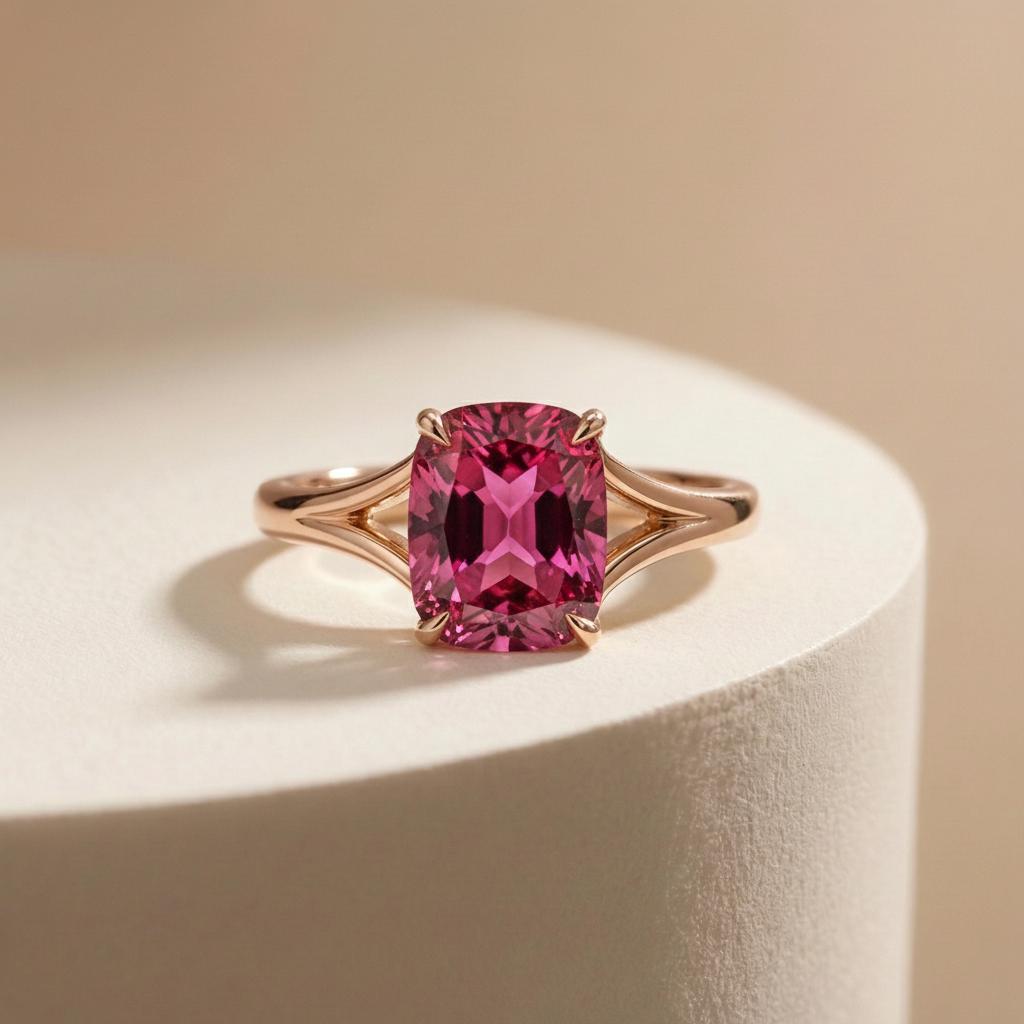 Cushion Cut Pink Tourmaline Engagement Ring, Modern Split Shank Solitaire, Vintage Inspired Anniversary Gift for Her – October Birthstone