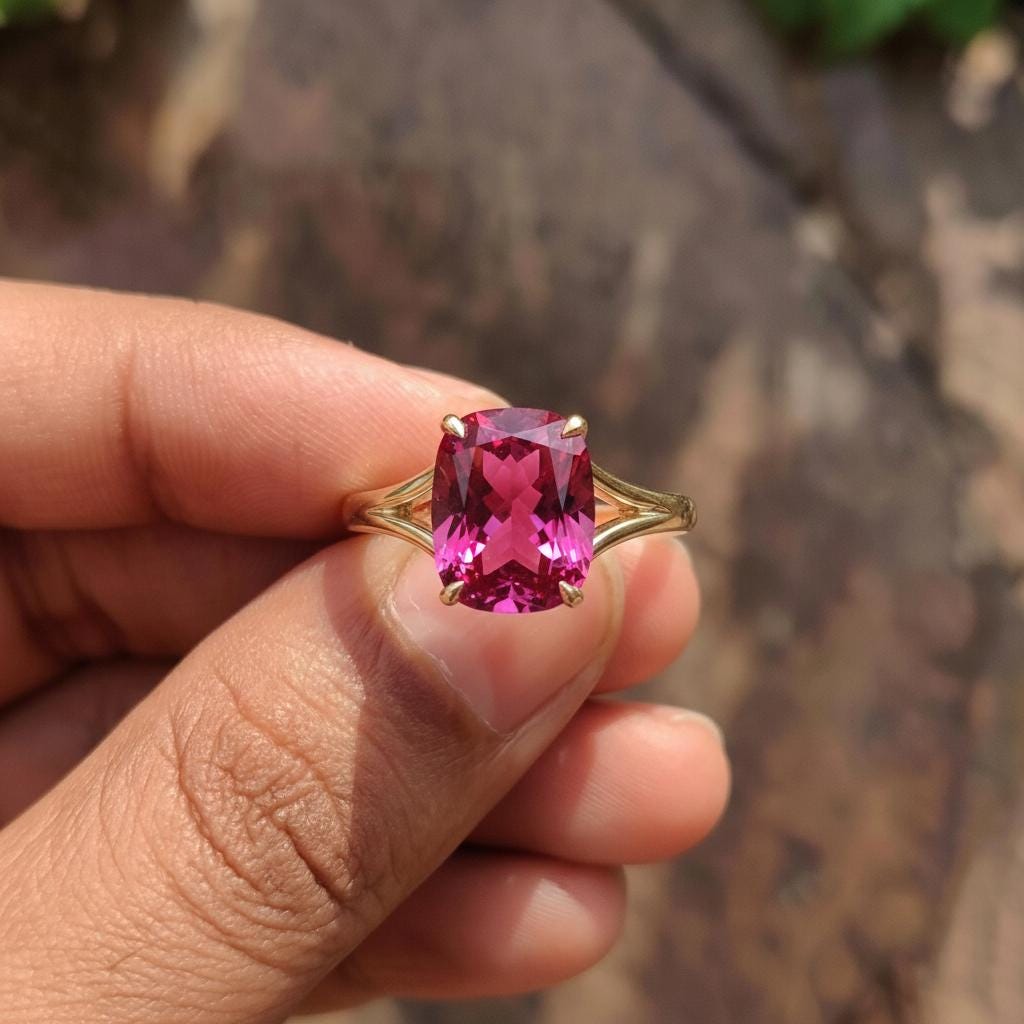 Cushion Cut Pink Tourmaline Engagement Ring, Modern Split Shank Solitaire, Vintage Inspired Anniversary Gift for Her – October Birthstone