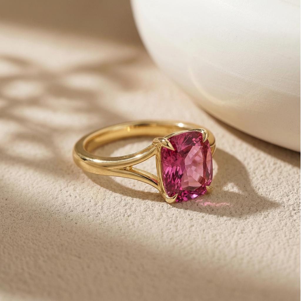 Cushion Cut Pink Tourmaline Engagement Ring, Modern Split Shank Solitaire, Vintage Inspired Anniversary Gift for Her – October Birthstone