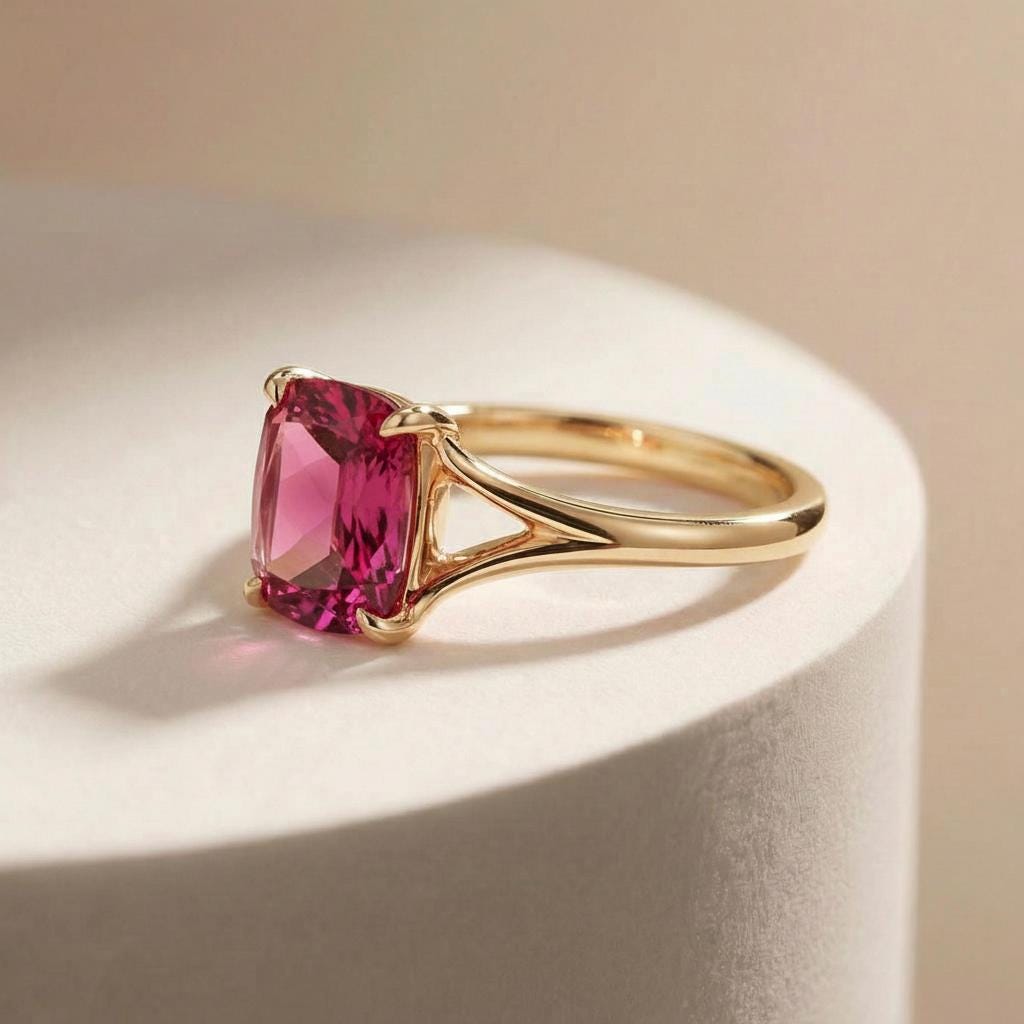 Cushion Cut Pink Tourmaline Engagement Ring, Modern Split Shank Solitaire, Vintage Inspired Anniversary Gift for Her – October Birthstone