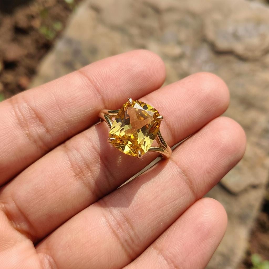 Cushion Cut Citrine Engagement Ring, Modern Split Shank Solitaire, Vintage Inspired Statement Birthstone Ring – November Birthstone Jewelry