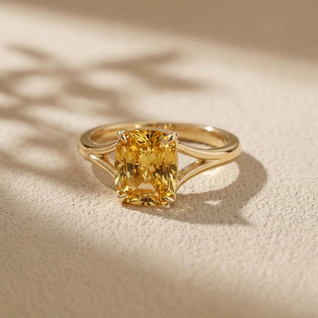 Cushion Cut Citrine Engagement Ring, Modern Split Shank Solitaire, Vintage Inspired Statement Birthstone Ring – November Birthstone Jewelry