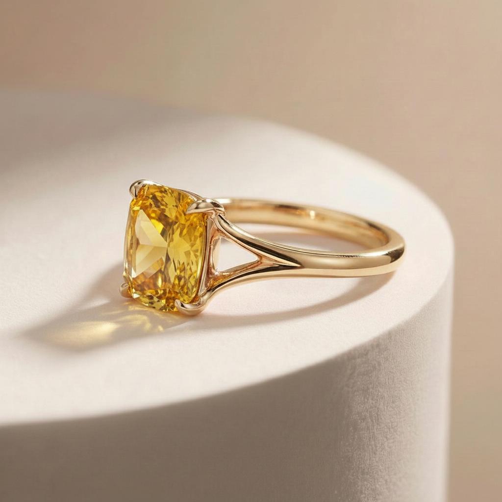Cushion Cut Yellow Sapphire Engagement Ring, Modern Split Shank Solitaire, Vintage Inspired Gift for Her – Push Present Jewelry Gift