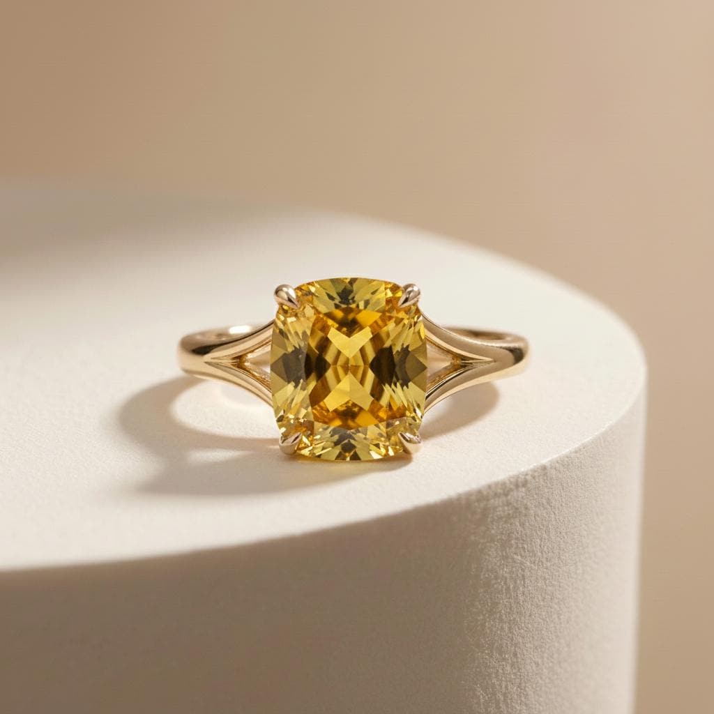 Cushion Cut Yellow Sapphire Engagement Ring, Modern Split Shank Solitaire, Vintage Inspired Gift for Her – Push Present Jewelry Gift