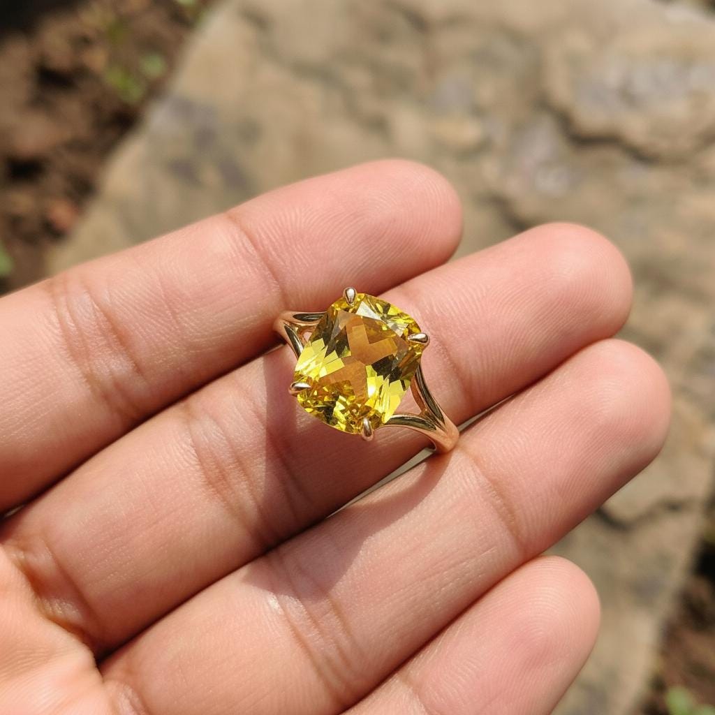 Cushion Cut Yellow Sapphire Engagement Ring, Modern Split Shank Solitaire, Vintage Inspired Gift for Her – Push Present Jewelry Gift