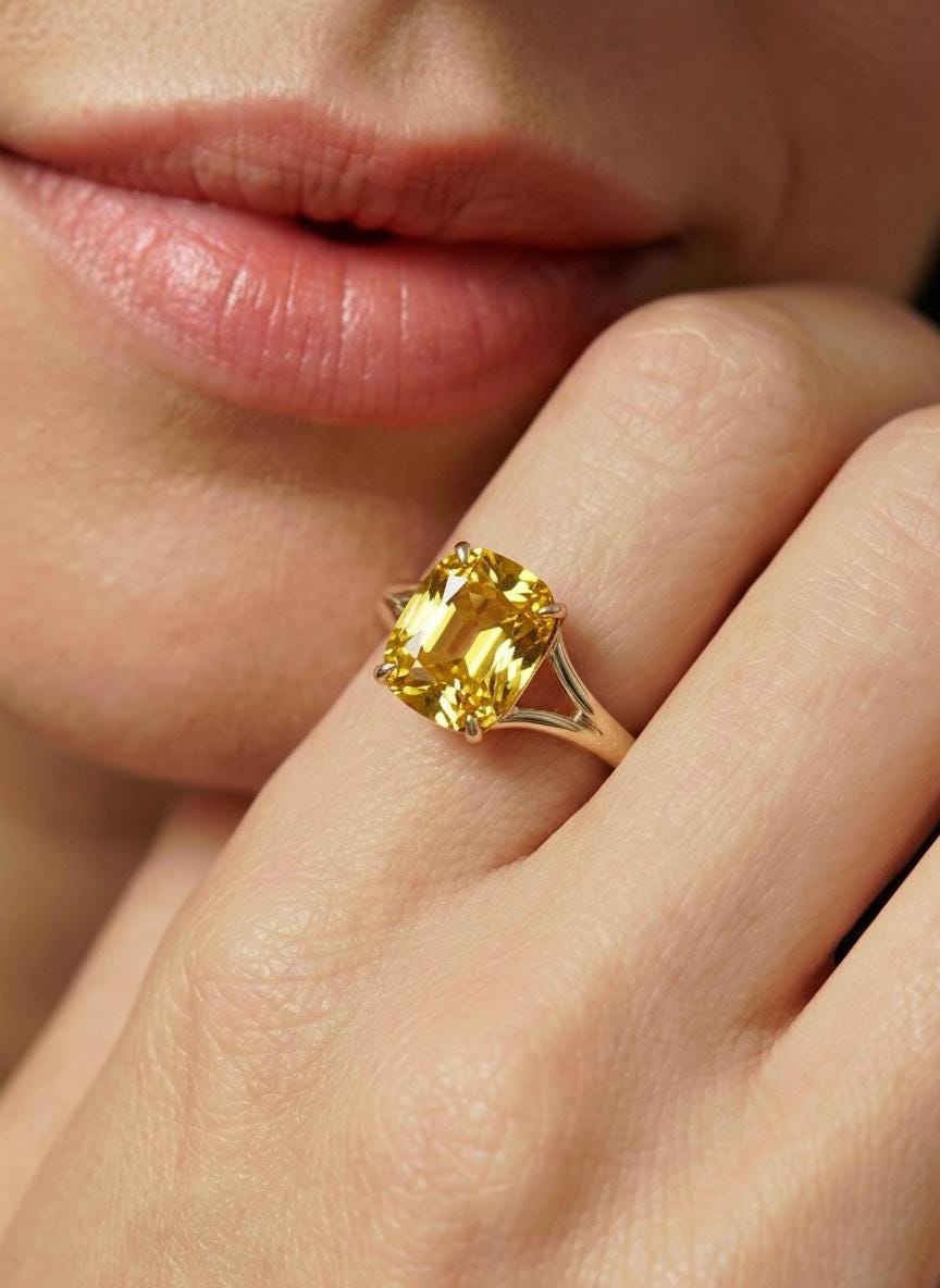 Cushion Cut Yellow Sapphire Engagement Ring, Modern Split Shank Solitaire, Vintage Inspired Gift for Her – Push Present Jewelry Gift