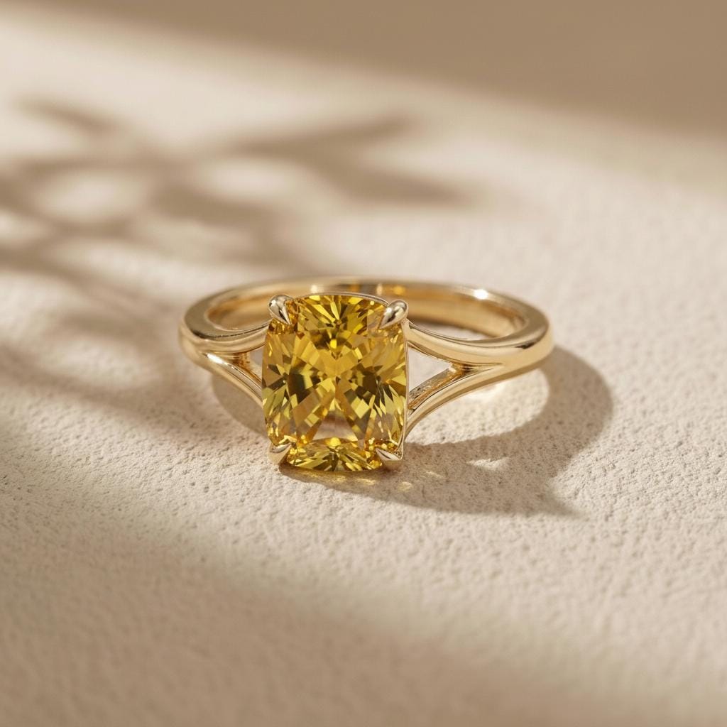 Cushion Cut Yellow Sapphire Engagement Ring, Modern Split Shank Solitaire, Vintage Inspired Gift for Her – Push Present Jewelry Gift