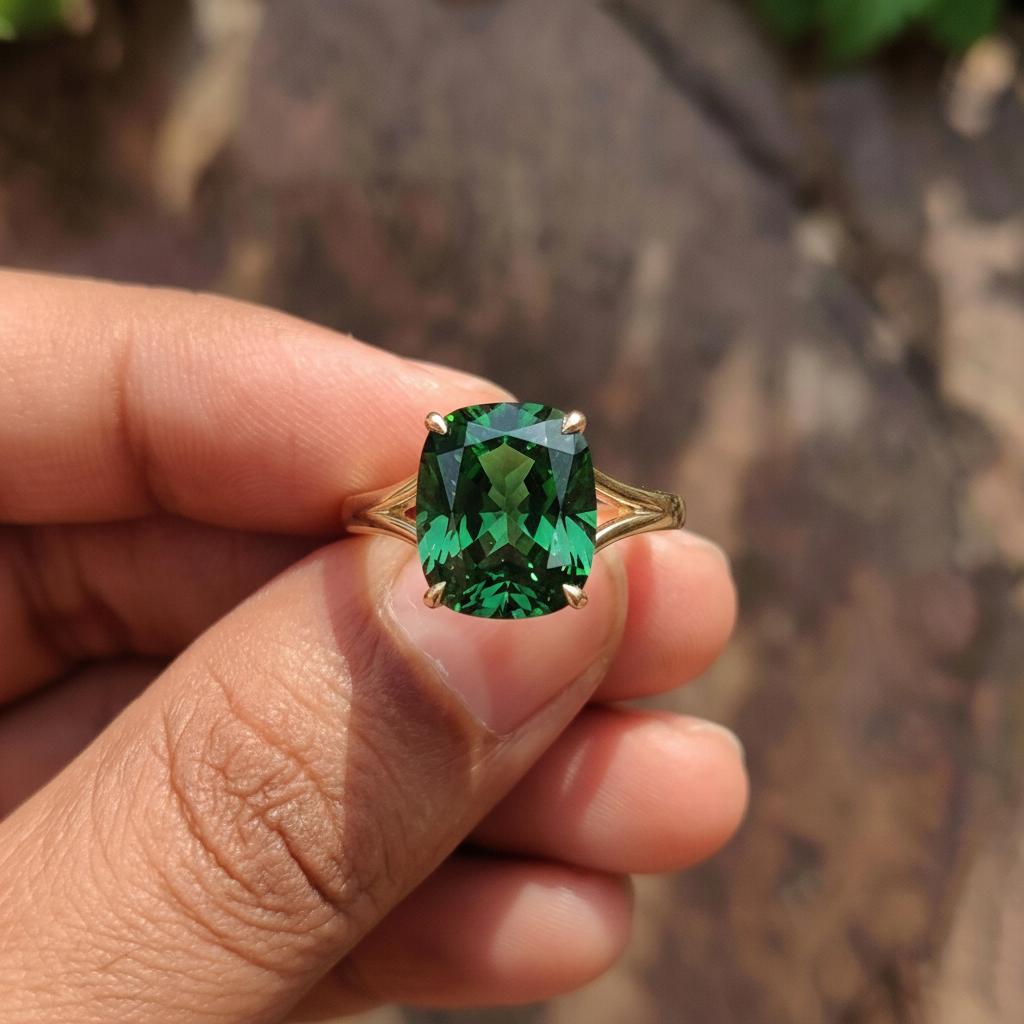 Cushion Cut Green Sapphire Engagement Ring, Modern Split Shank Solitaire, Vintage Inspired Anniversary Gift for Her Birthstone Stacking Ring