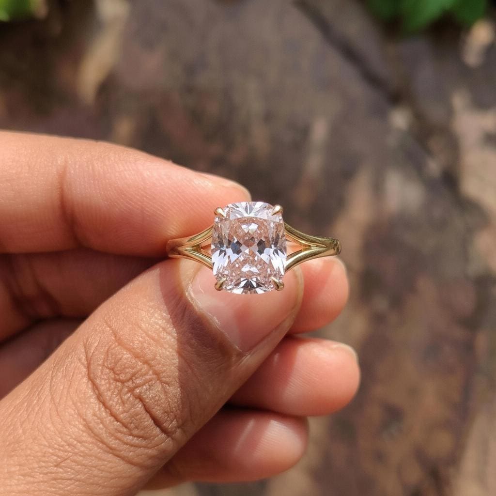 Cushion Cut Morganite Engagement Ring, Modern Split Shank Solitaire, Vintage Inspired Anniversary Gift for Wife