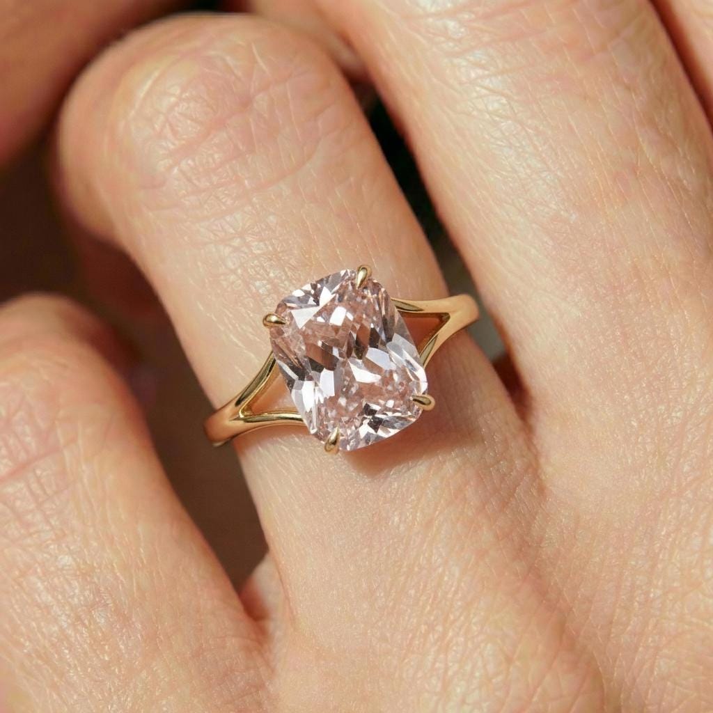 Cushion Cut Morganite Engagement Ring, Modern Split Shank Solitaire, Vintage Inspired Anniversary Gift for Wife