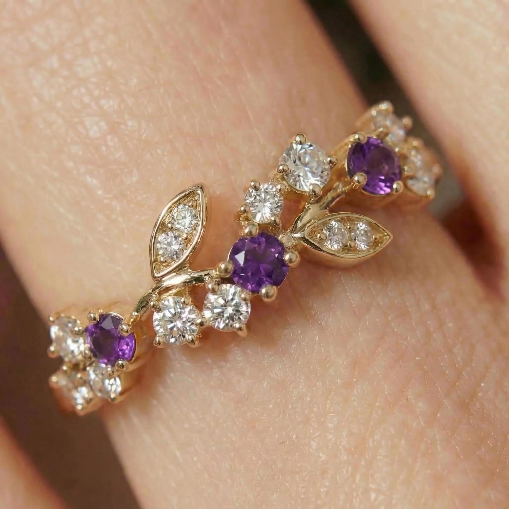 Amethyst Leaf Wedding Band, Nature Inspired Floral Cluster Ring for Her – February Birthstone Gift – 14K Gold Moissanite Jewelry