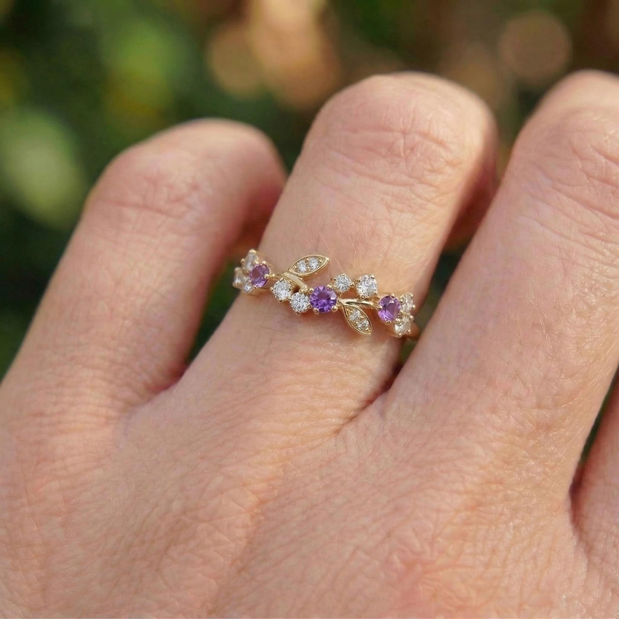 Amethyst Leaf Wedding Band, Nature Inspired Floral Cluster Ring for Her – February Birthstone Gift – 14K Gold Moissanite Jewelry