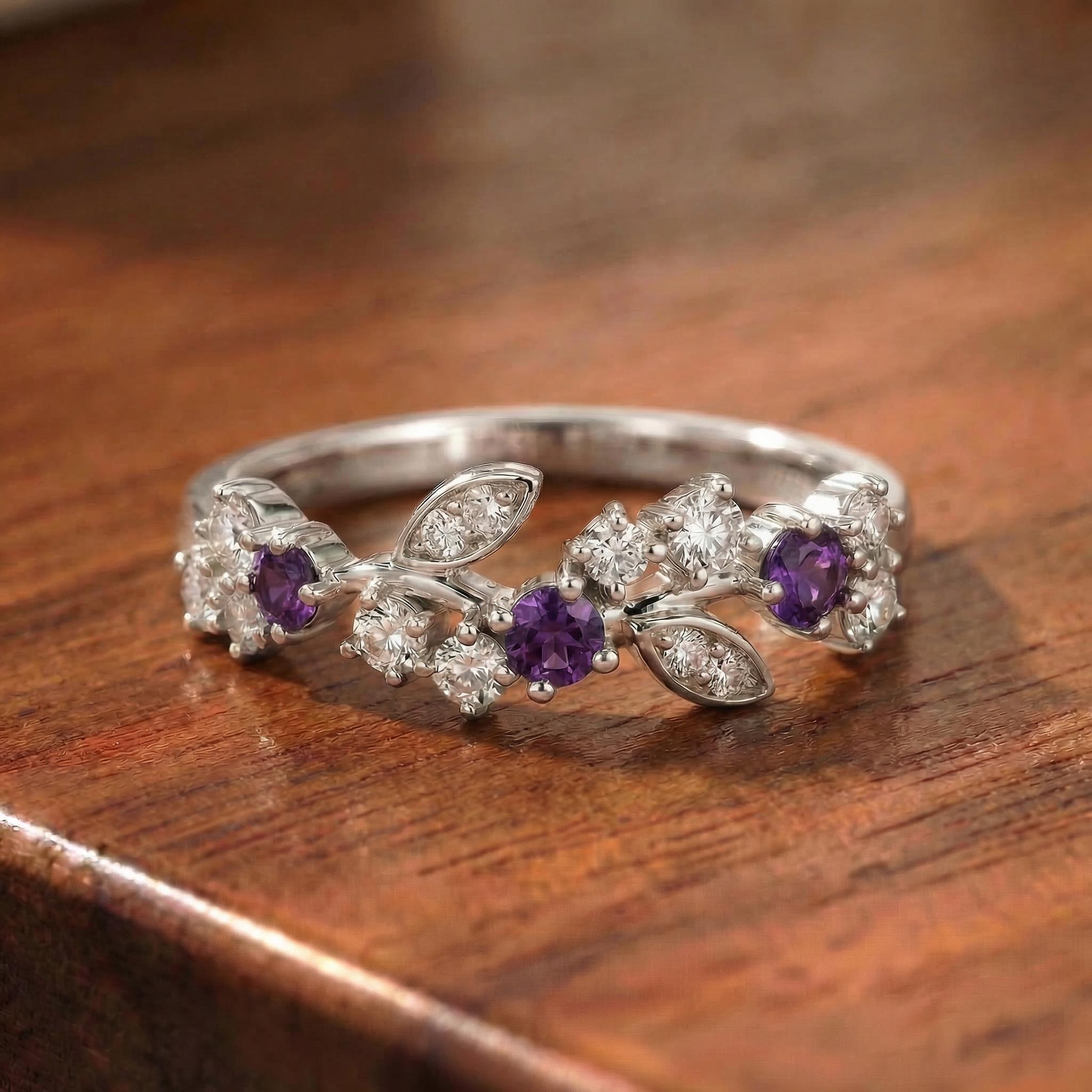 Amethyst Leaf Wedding Band, Nature Inspired Floral Cluster Ring for Her – February Birthstone Gift – 14K Gold Moissanite Jewelry
