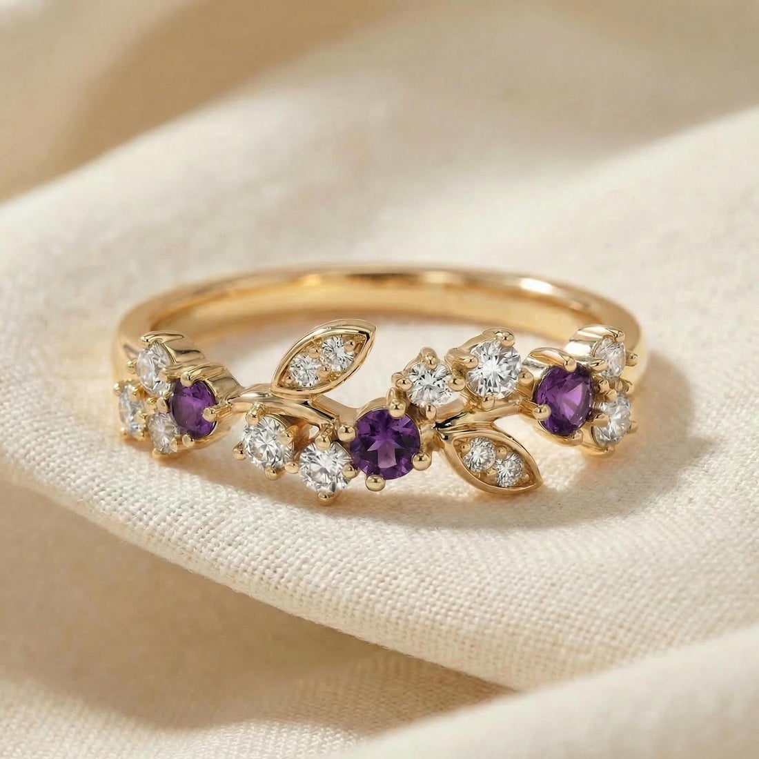 Amethyst Leaf Wedding Band, Nature Inspired Floral Cluster Ring for Her – February Birthstone Gift – 14K Gold Moissanite Jewelry