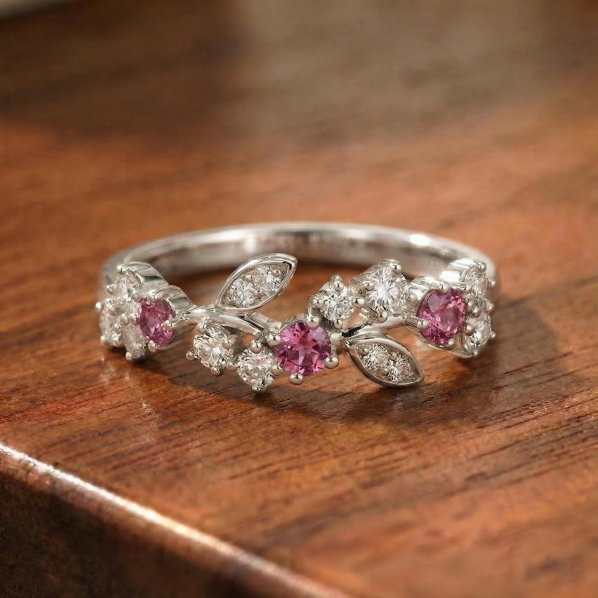 Round Pink Tourmaline Leaf Wedding Band, Nature Inspired Floral Cluster Ring for Her – October Birthstone Gift – 14K Gold Moissanite Jewelry
