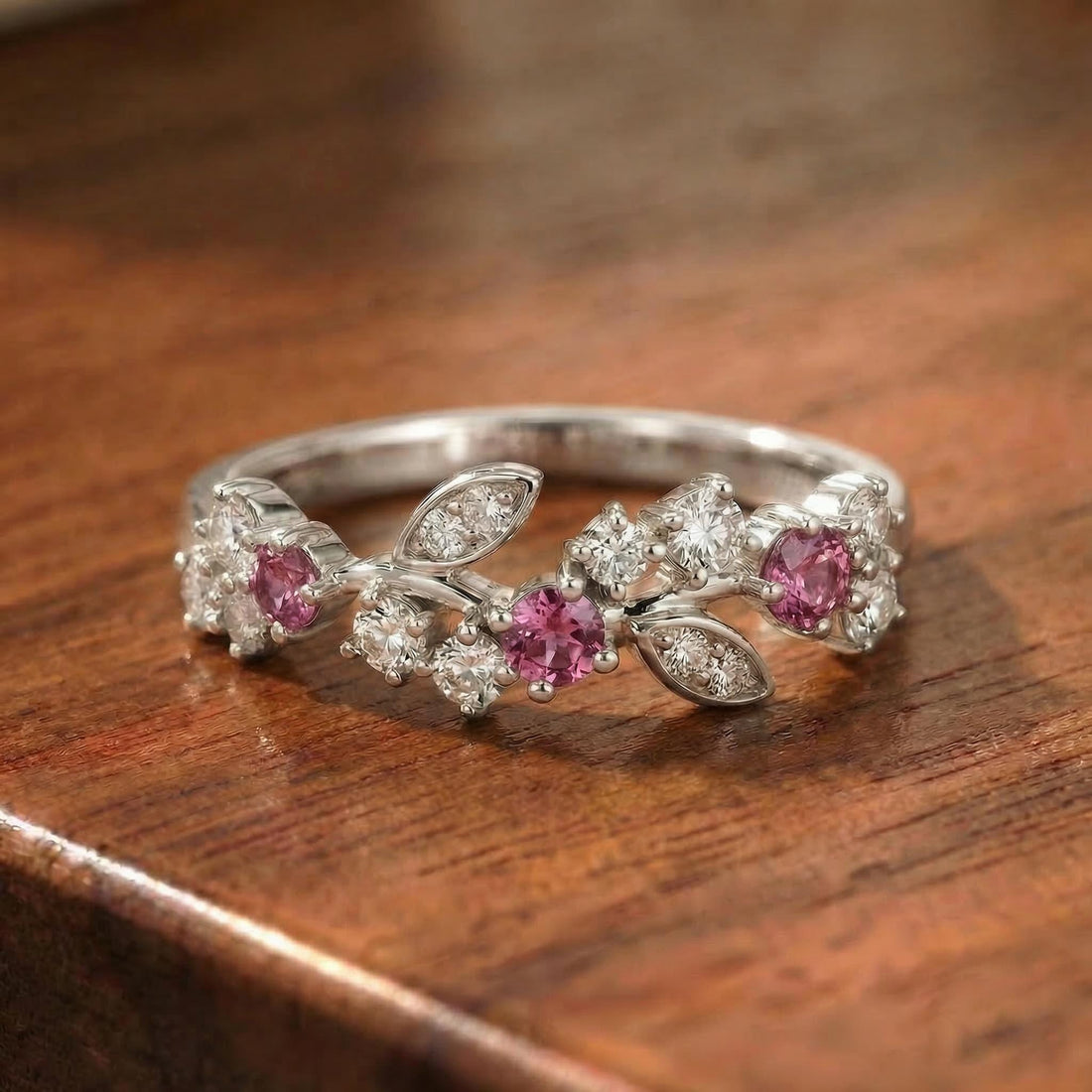 Round Pink Tourmaline Leaf Wedding Band, Nature Inspired Floral Cluster Ring for Her – October Birthstone Gift – 14K Gold Moissanite Jewelry