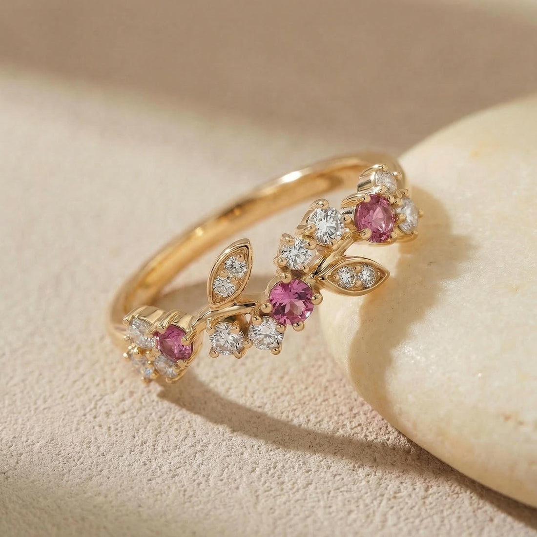 Round Pink Tourmaline Leaf Wedding Band, Nature Inspired Floral Cluster Ring for Her – October Birthstone Gift – 14K Gold Moissanite Jewelry