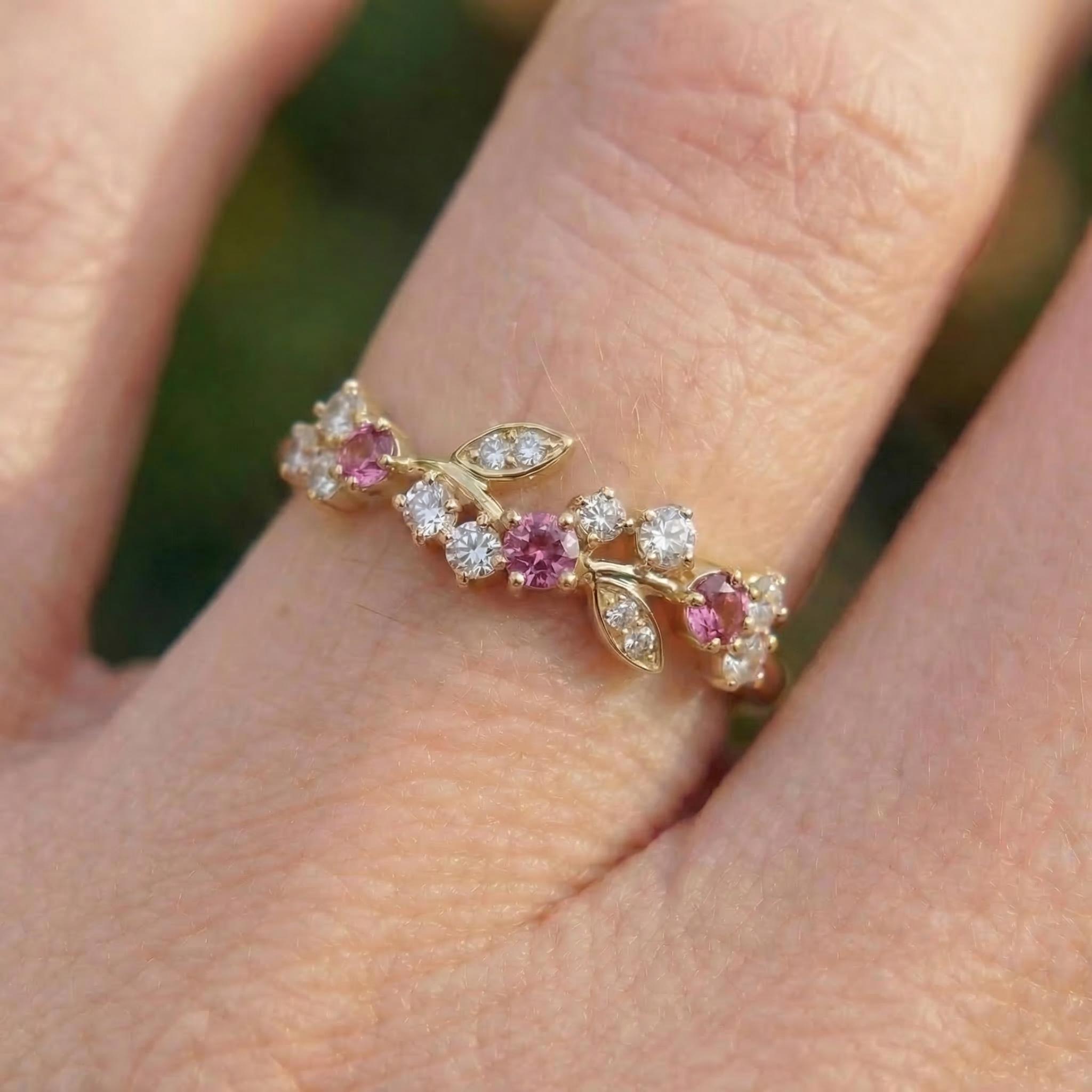 Round Pink Tourmaline Leaf Wedding Band, Nature Inspired Floral Cluster Ring for Her – October Birthstone Gift – 14K Gold Moissanite Jewelry