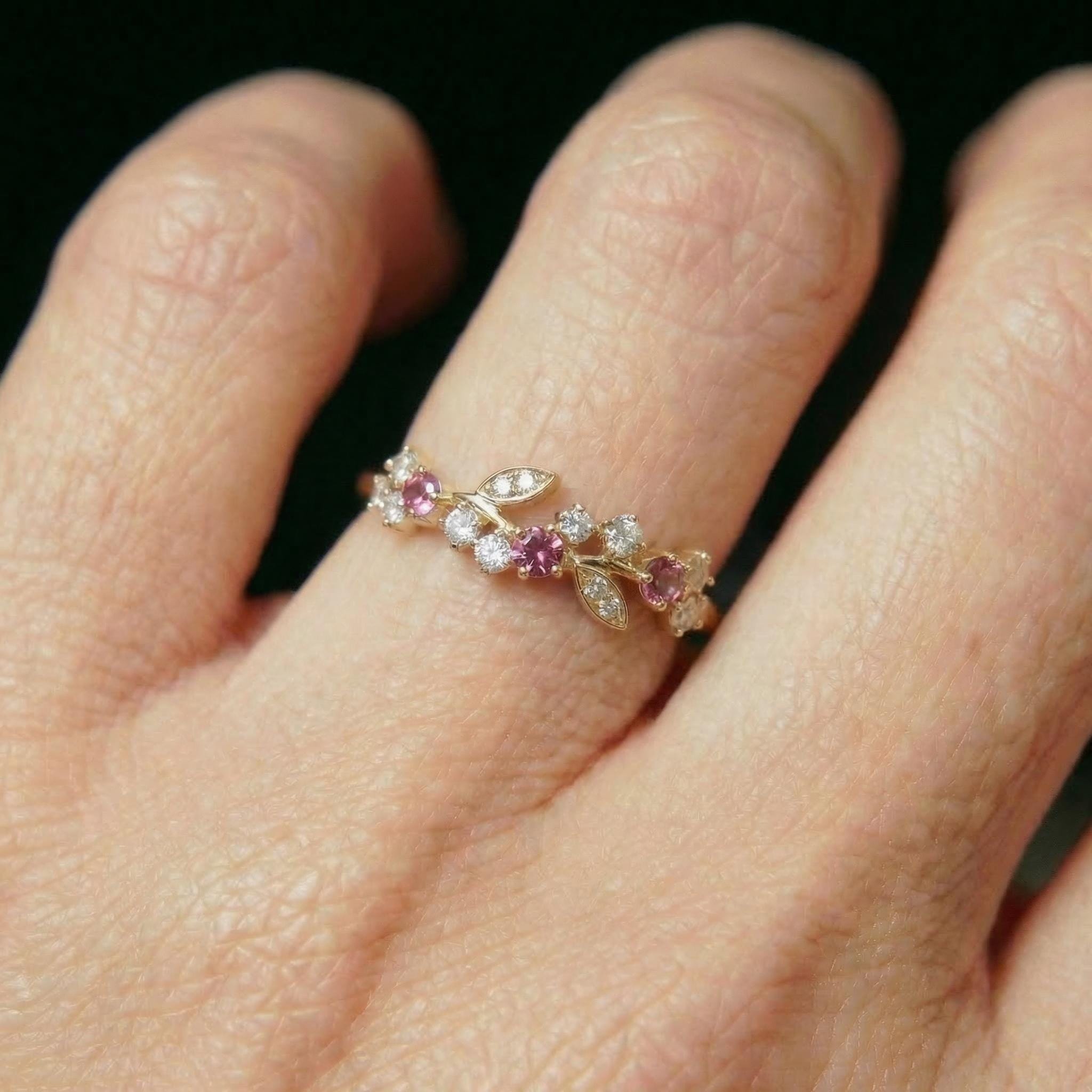 Round Pink Tourmaline Leaf Wedding Band, Nature Inspired Floral Cluster Ring for Her – October Birthstone Gift – 14K Gold Moissanite Jewelry