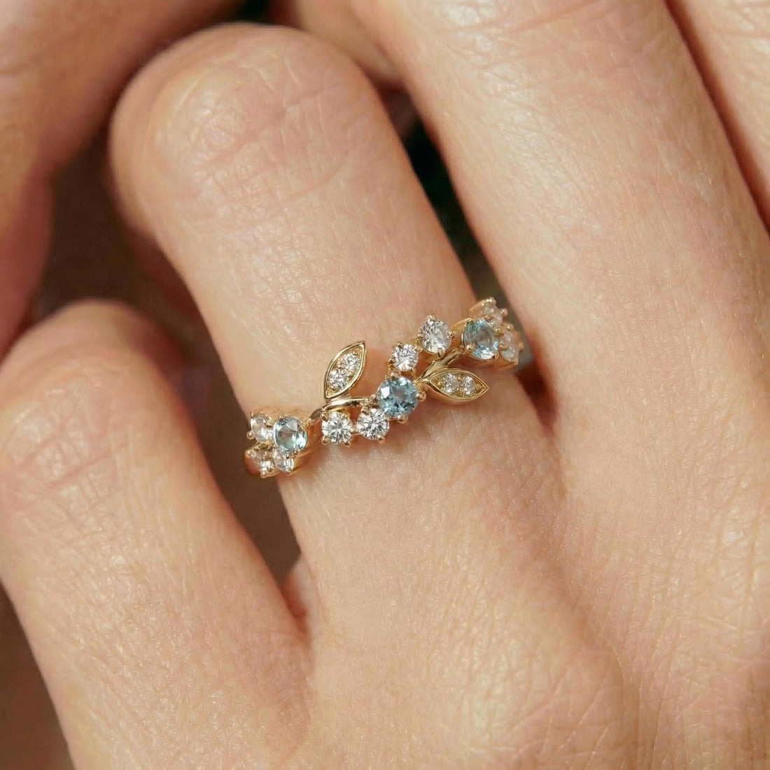 Aquamarine Leaf Wedding Band, Nature Inspired Floral Cluster Ring for Her – March Birthstone Gift – 14K Gold Moissanite Jewelry