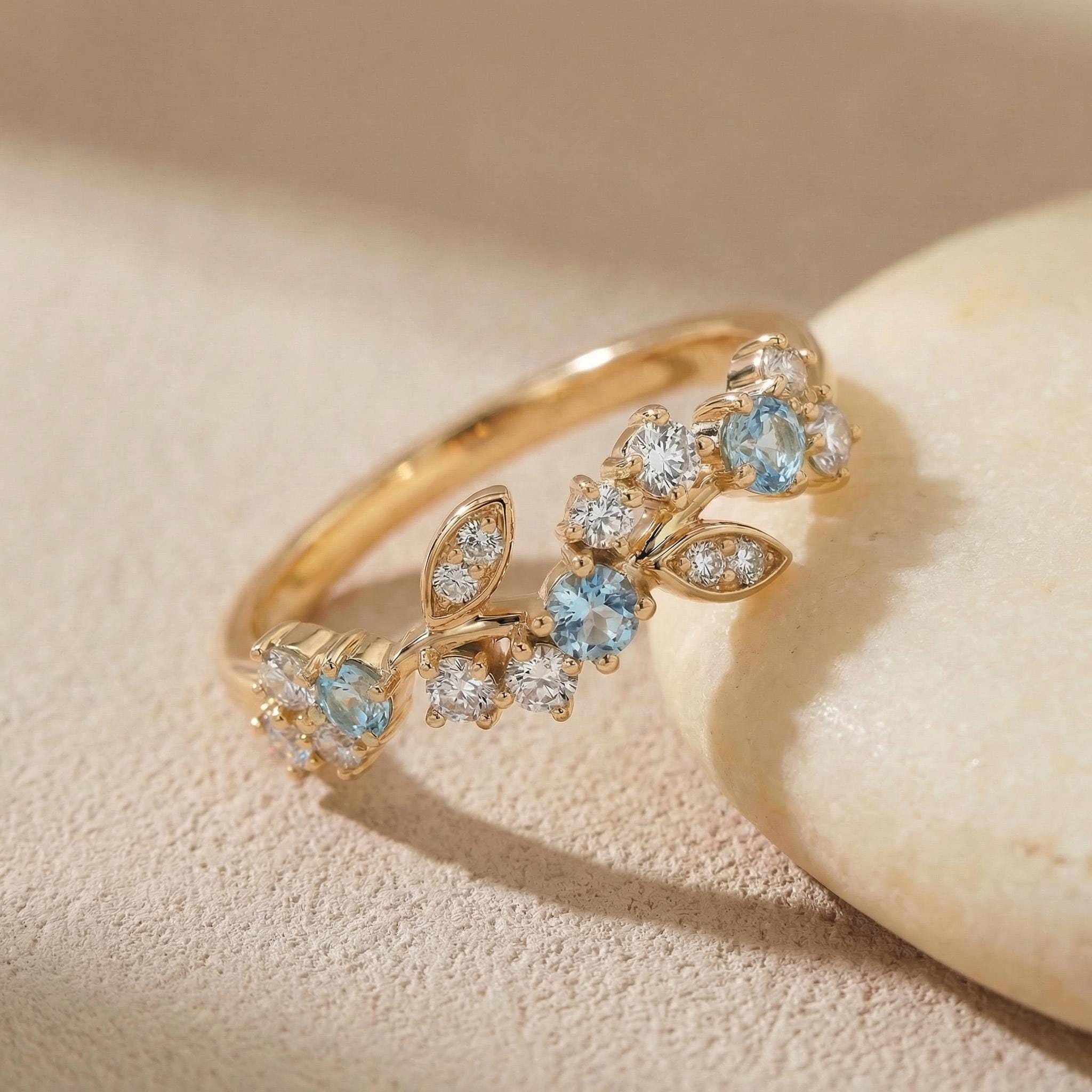 Aquamarine Leaf Wedding Band, Nature Inspired Floral Cluster Ring for Her – March Birthstone Gift – 14K Gold Moissanite Jewelry