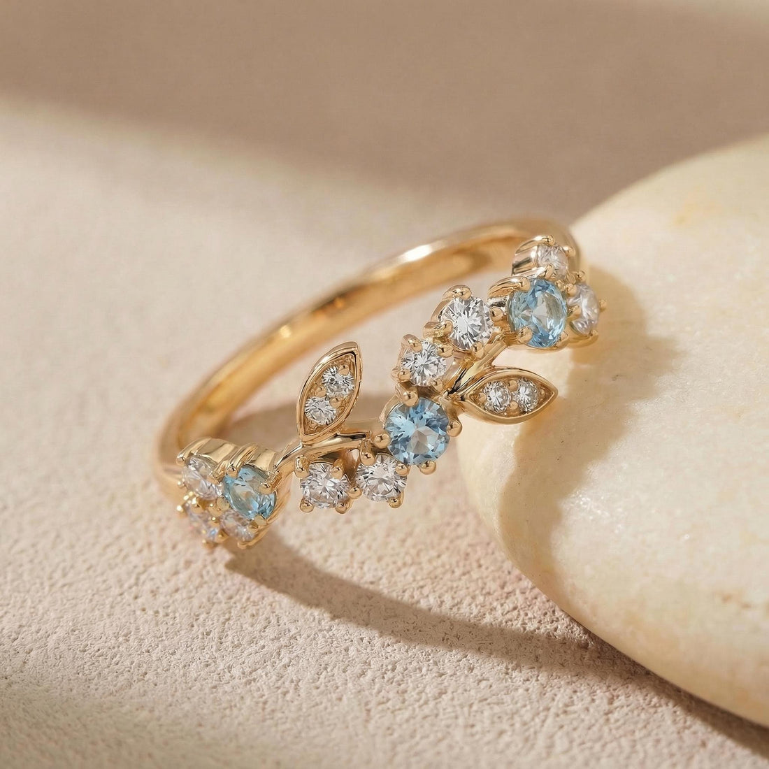 Aquamarine Leaf Wedding Band, Nature Inspired Floral Cluster Ring for Her – March Birthstone Gift – 14K Gold Moissanite Jewelry