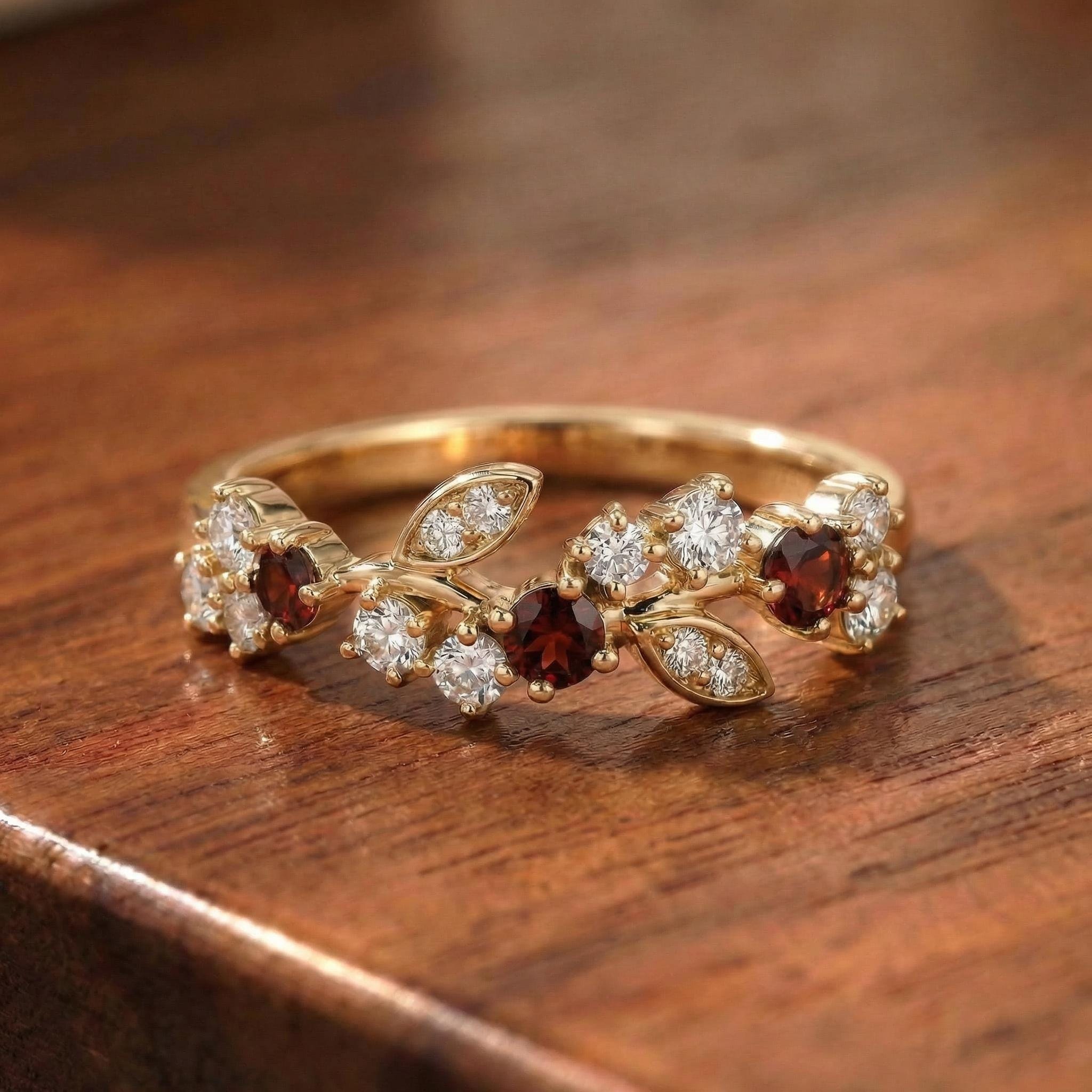 Garnet Leaf Wedding Band, Nature Inspired Floral Cluster Ring for Her – January Birthstone Gift – 14K Gold Moissanite Jewelry