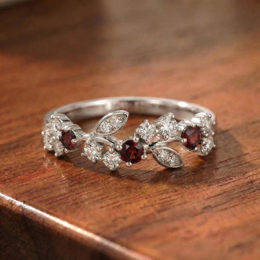 Garnet Leaf Wedding Band, Nature Inspired Floral Cluster Ring for Her – January Birthstone Gift – 14K Gold Moissanite Jewelry