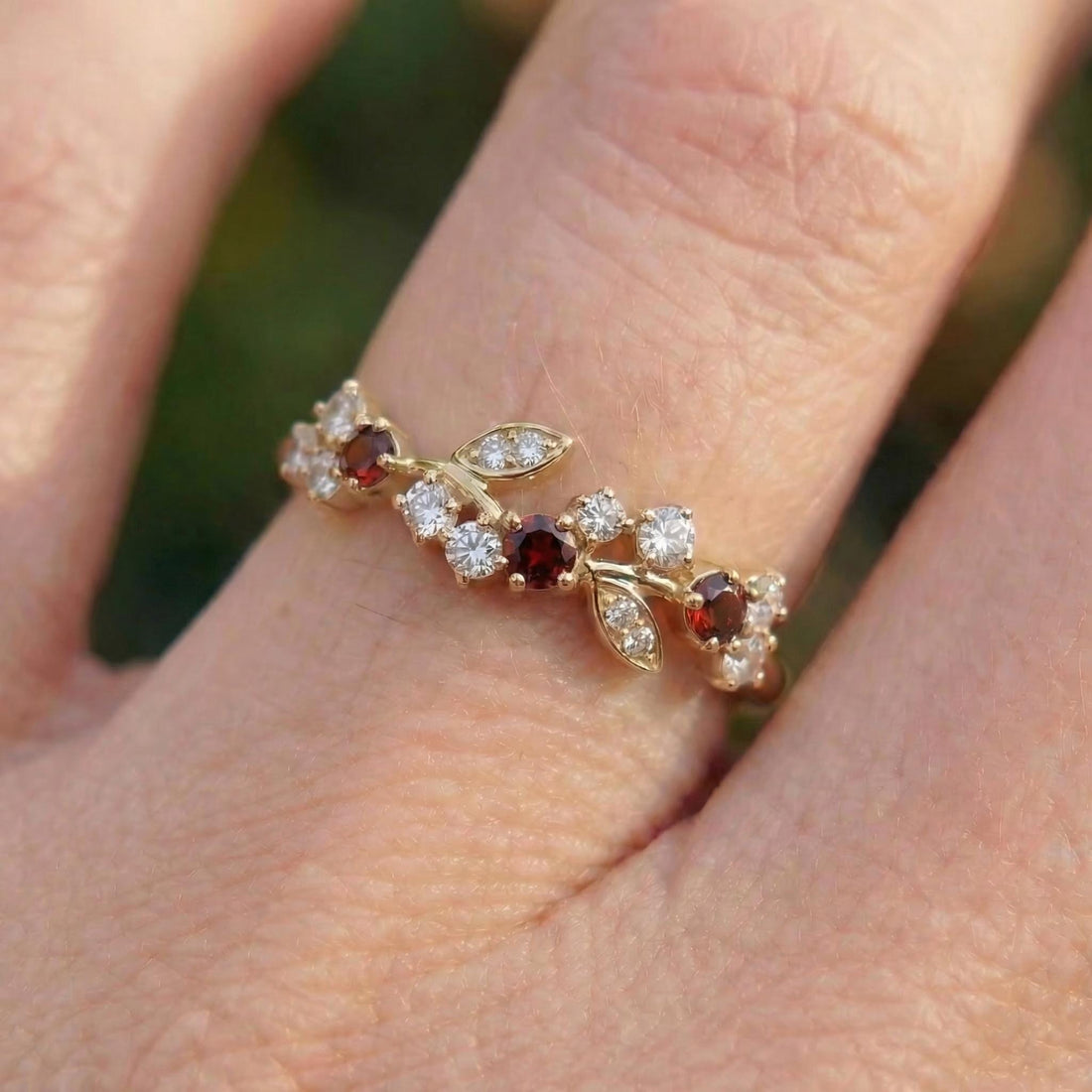 Garnet Leaf Wedding Band, Nature Inspired Floral Cluster Ring for Her – January Birthstone Gift – 14K Gold Moissanite Jewelry