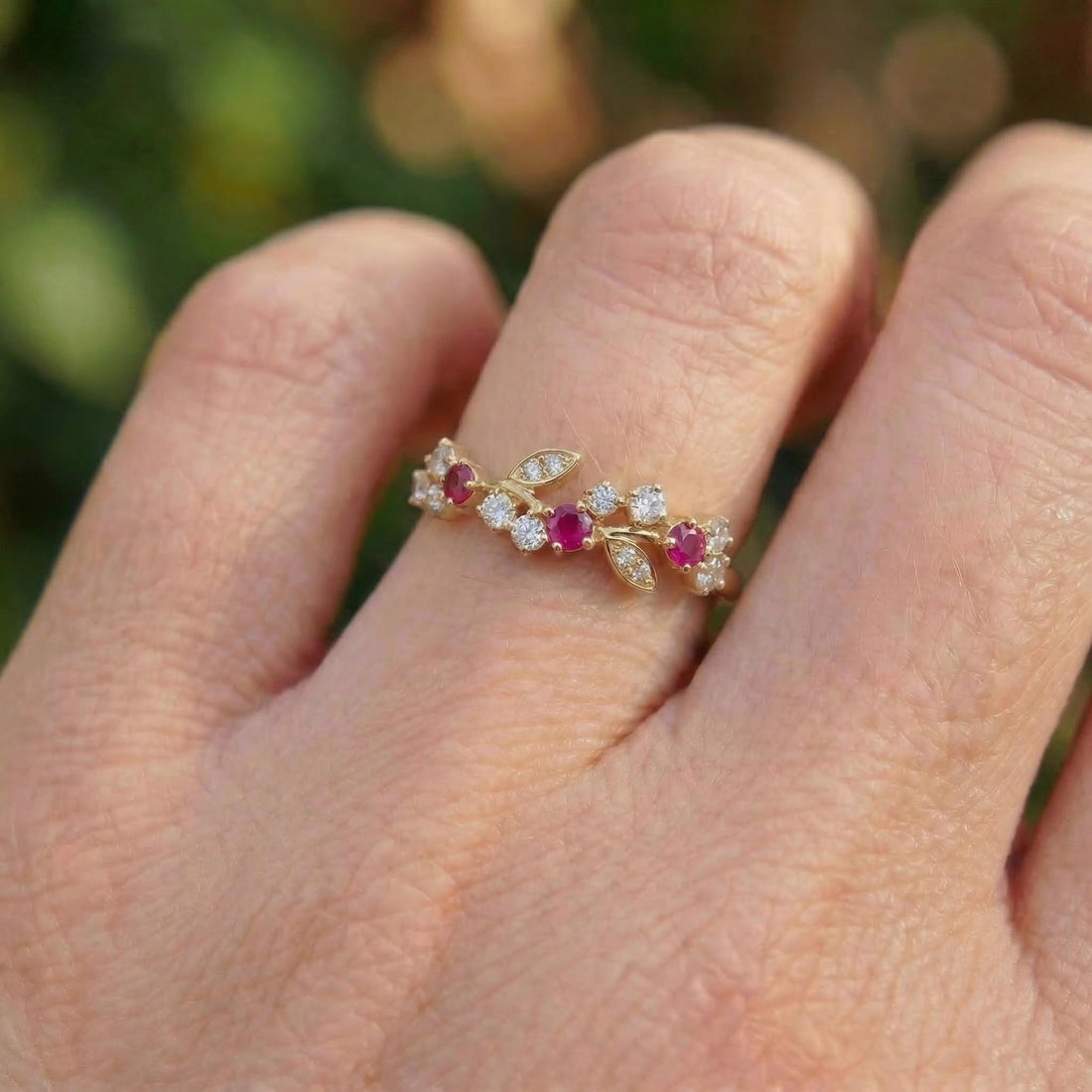 Ruby Leaf Wedding Band, Nature Inspired Floral Cluster Ring for Her – July Birthstone Gift – 14K Gold Moissanite Jewelry