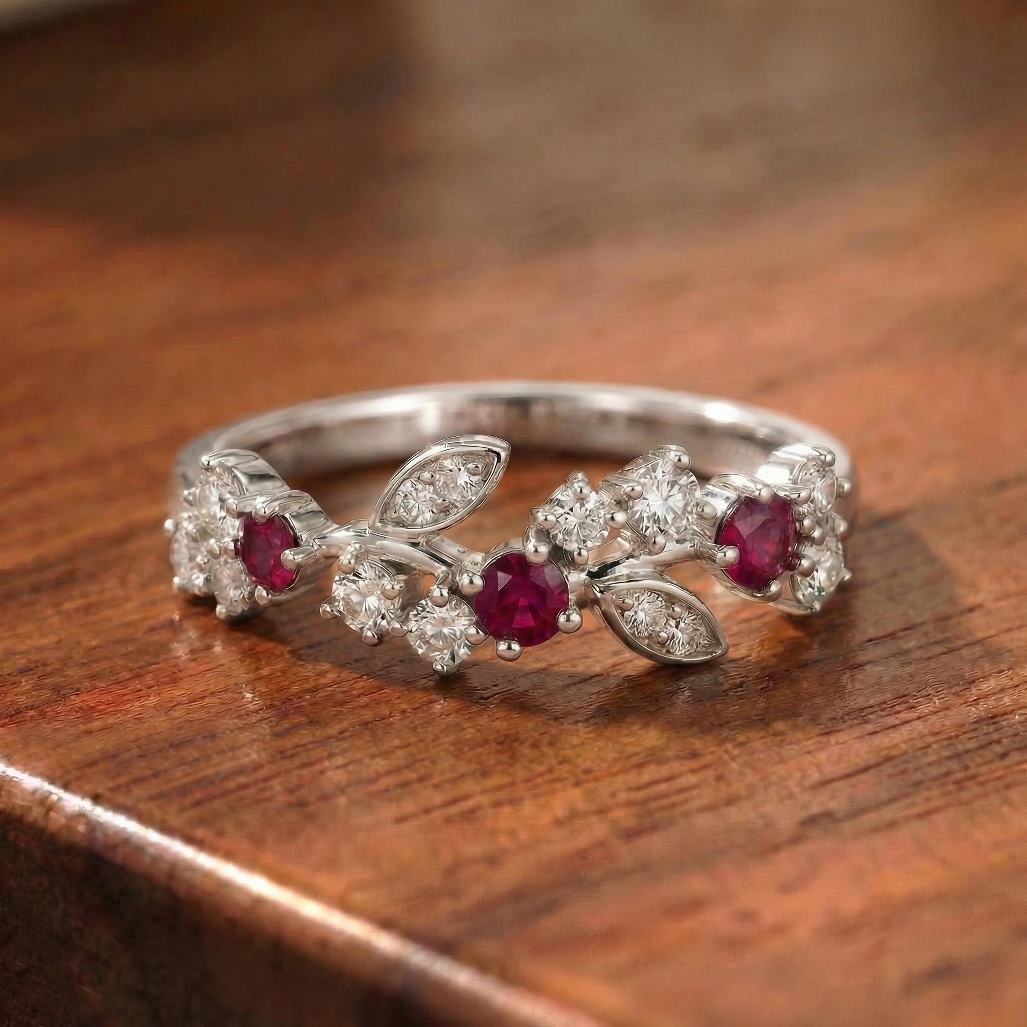 Ruby Leaf Wedding Band, Nature Inspired Floral Cluster Ring for Her – July Birthstone Gift – 14K Gold Moissanite Jewelry