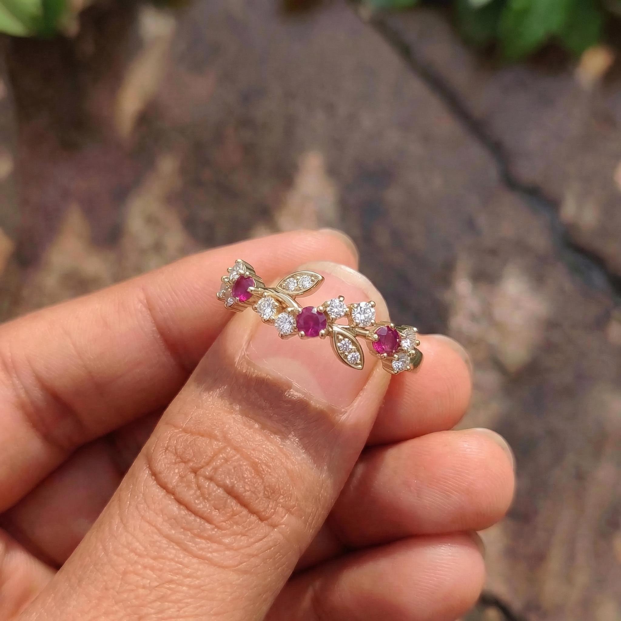 Ruby Leaf Wedding Band, Nature Inspired Floral Cluster Ring for Her – July Birthstone Gift – 14K Gold Moissanite Jewelry