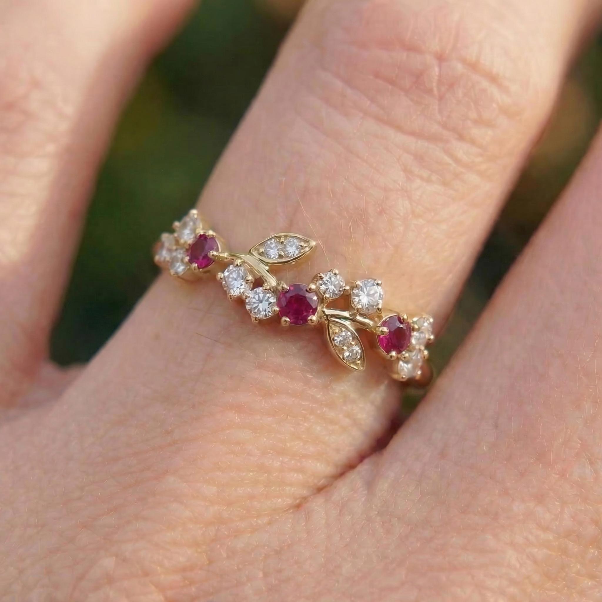 Ruby Leaf Wedding Band, Nature Inspired Floral Cluster Ring for Her – July Birthstone Gift – 14K Gold Moissanite Jewelry