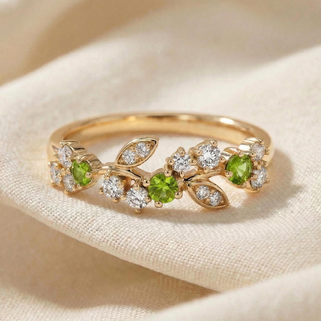Peridot Leaf Wedding Band, Nature Inspired Floral Cluster Ring for Her – August Birthstone Gift – 14K Gold Moissanite Jewelry