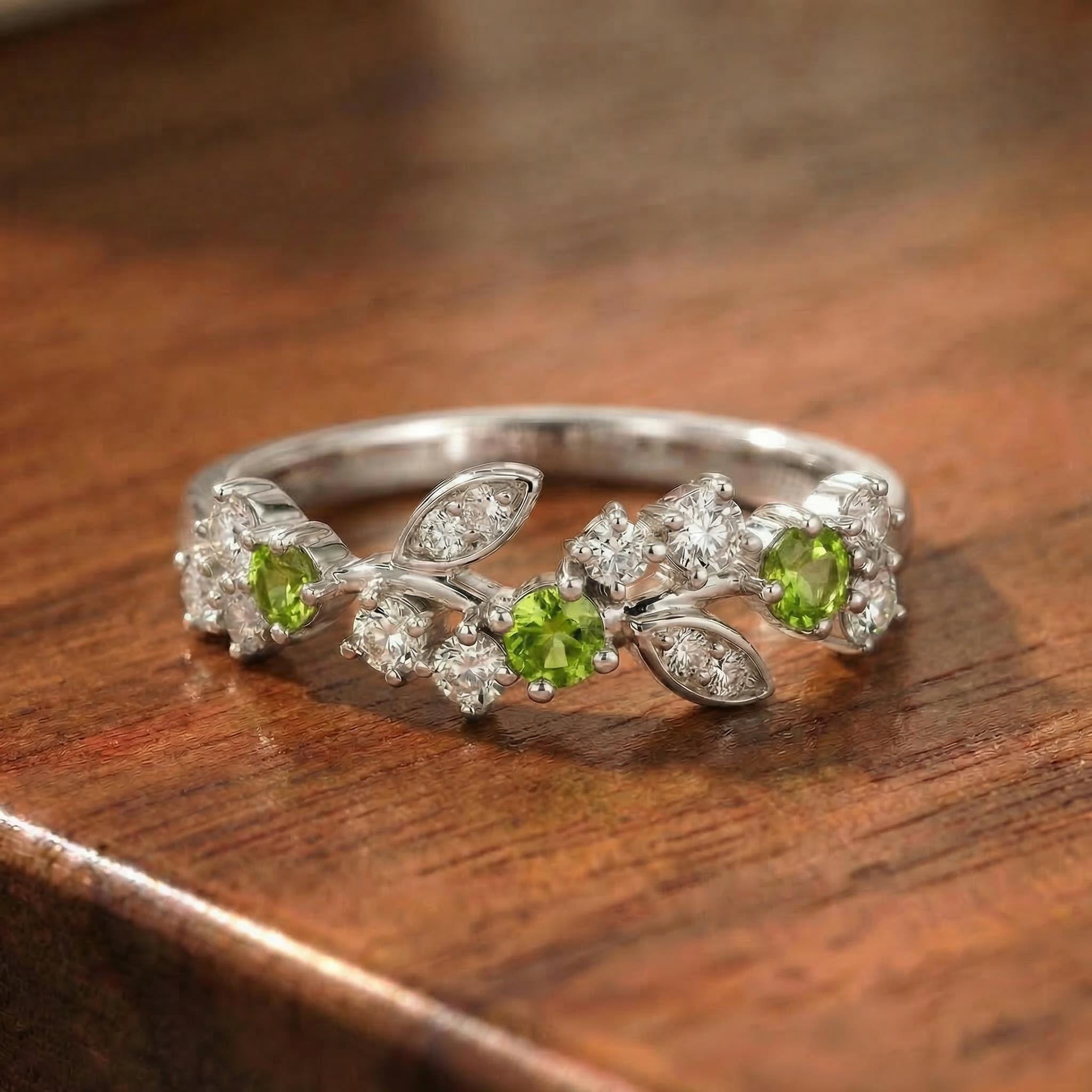 Peridot Leaf Wedding Band, Nature Inspired Floral Cluster Ring for Her – August Birthstone Gift – 14K Gold Moissanite Jewelry