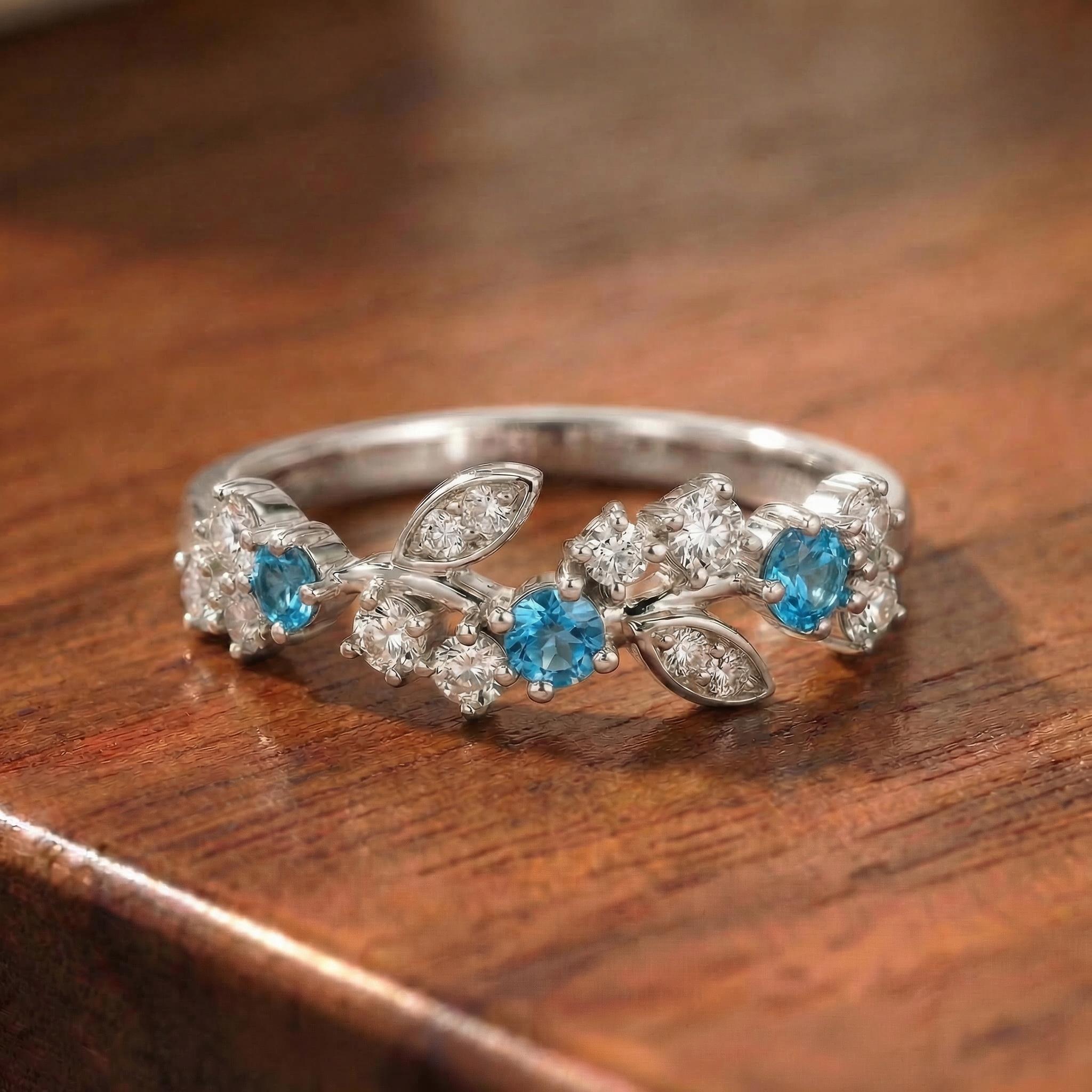Blue Zircon Leaf Wedding Band, Nature Inspired Floral Cluster Ring for Her – December Birthstone Gift – 14K Gold Moissanite Jewelry