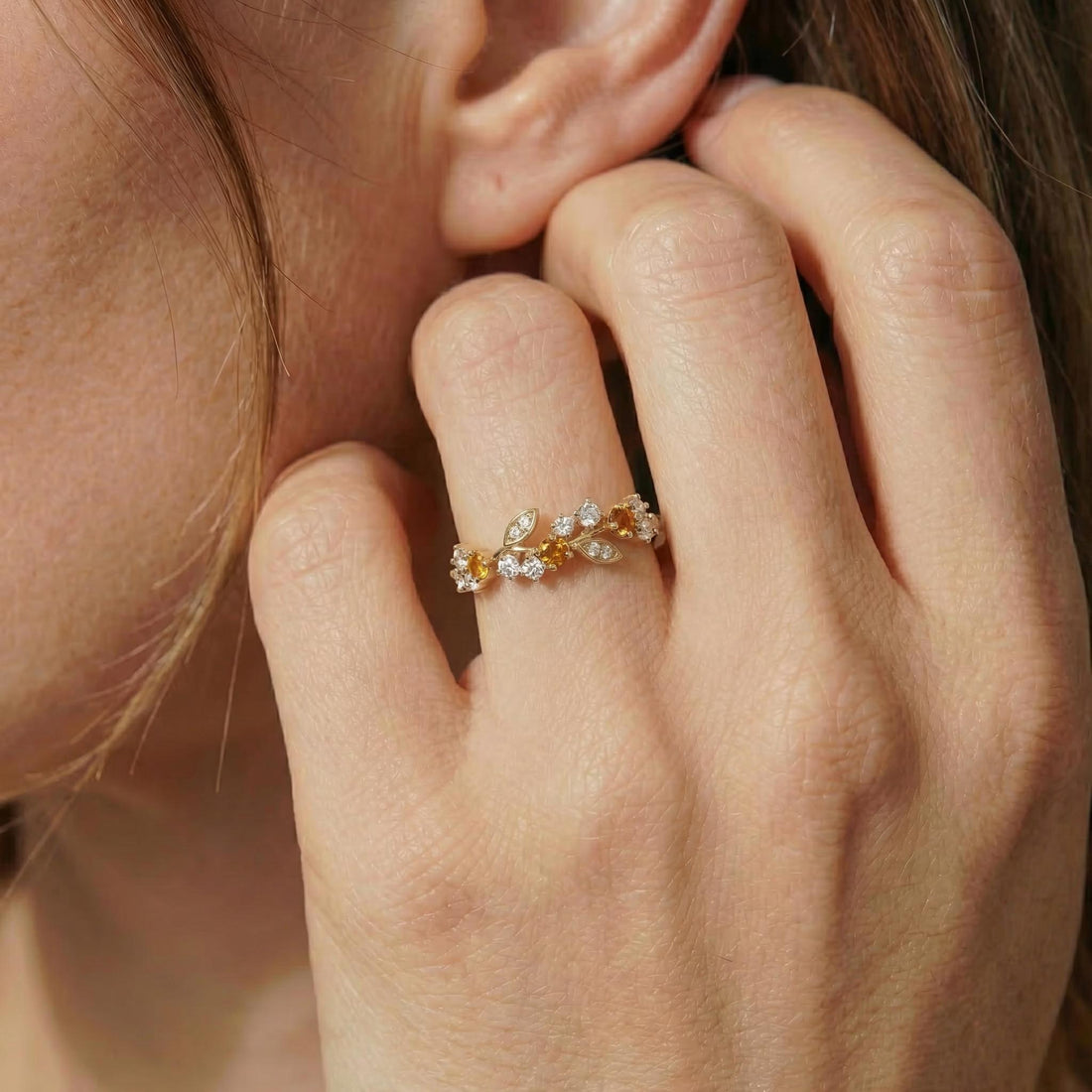 Citrine Leaf Wedding Band, Nature Inspired Floral Cluster Ring for Her – November Birthstone Gift – 14K Gold Moissanite Jewelry