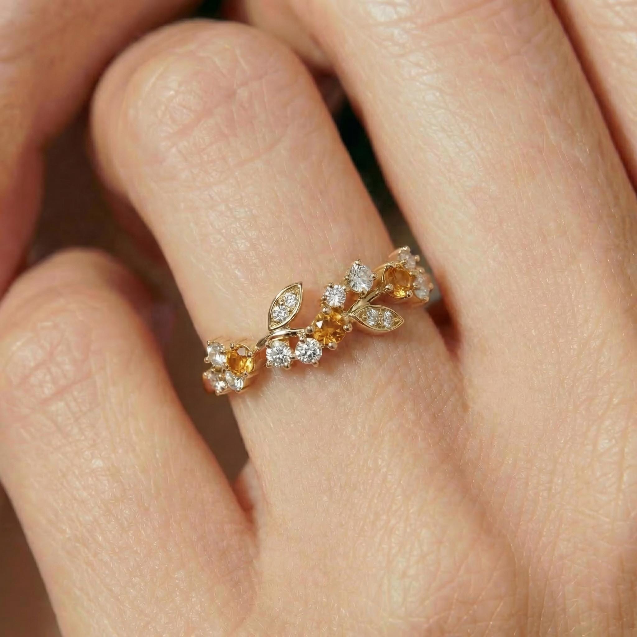 Citrine Leaf Wedding Band, Nature Inspired Floral Cluster Ring for Her – November Birthstone Gift – 14K Gold Moissanite Jewelry
