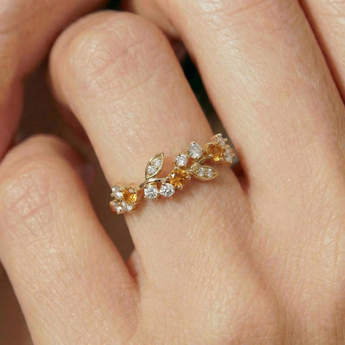 Citrine Leaf Wedding Band, Nature Inspired Floral Cluster Ring for Her – November Birthstone Gift – 14K Gold Moissanite Jewelry