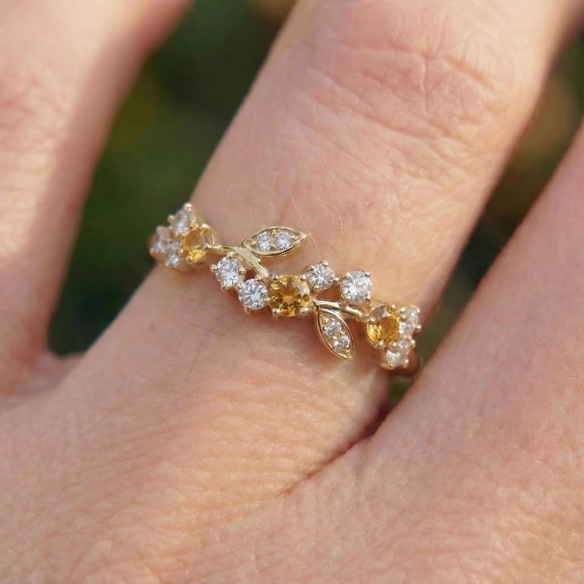 Citrine Leaf Wedding Band, Nature Inspired Floral Cluster Ring for Her – November Birthstone Gift – 14K Gold Moissanite Jewelry