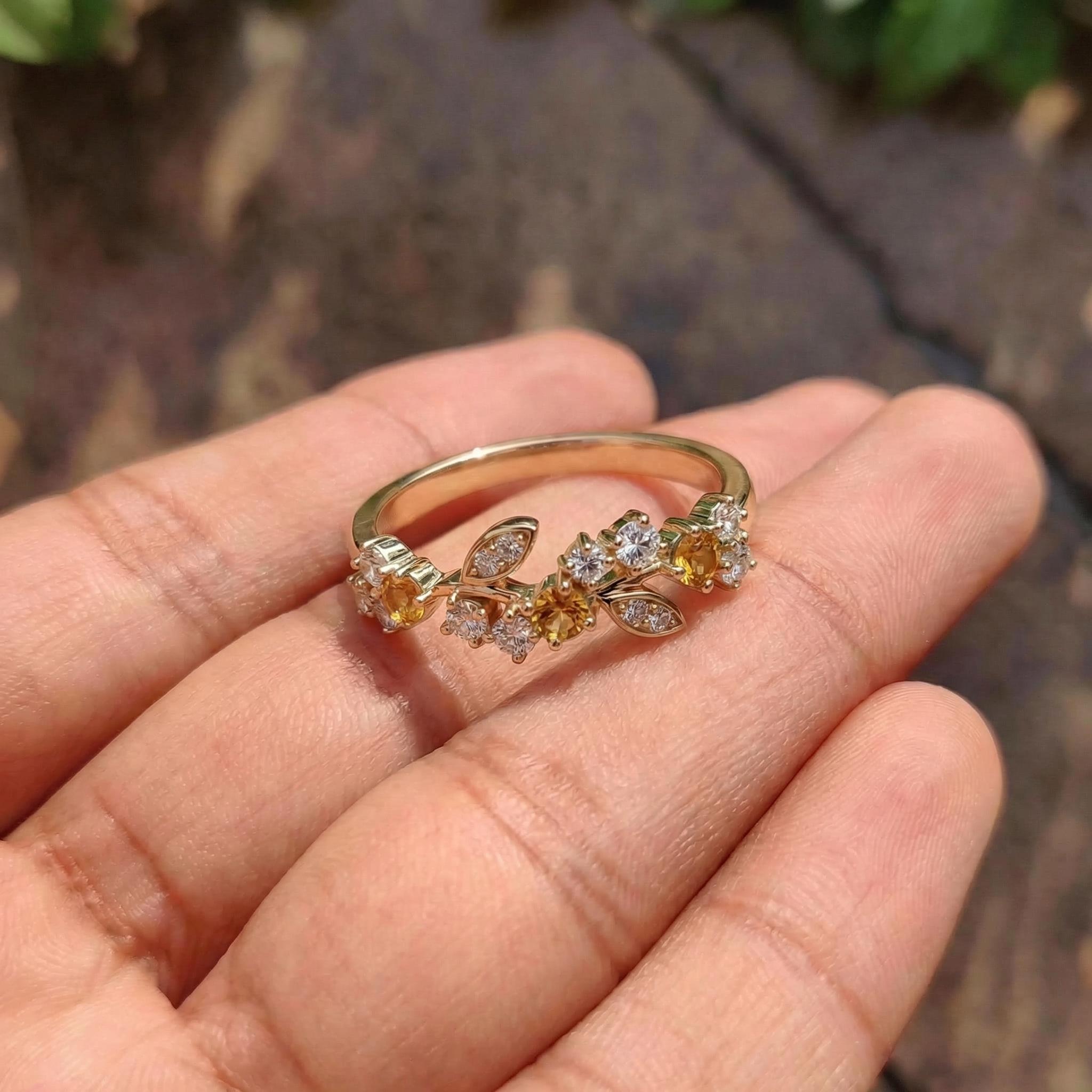 Citrine Leaf Wedding Band, Nature Inspired Floral Cluster Ring for Her – November Birthstone Gift – 14K Gold Moissanite Jewelry